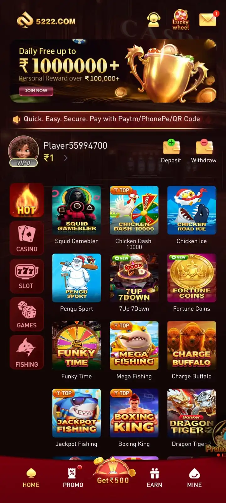 5222 Game App home screen with mobile game categories