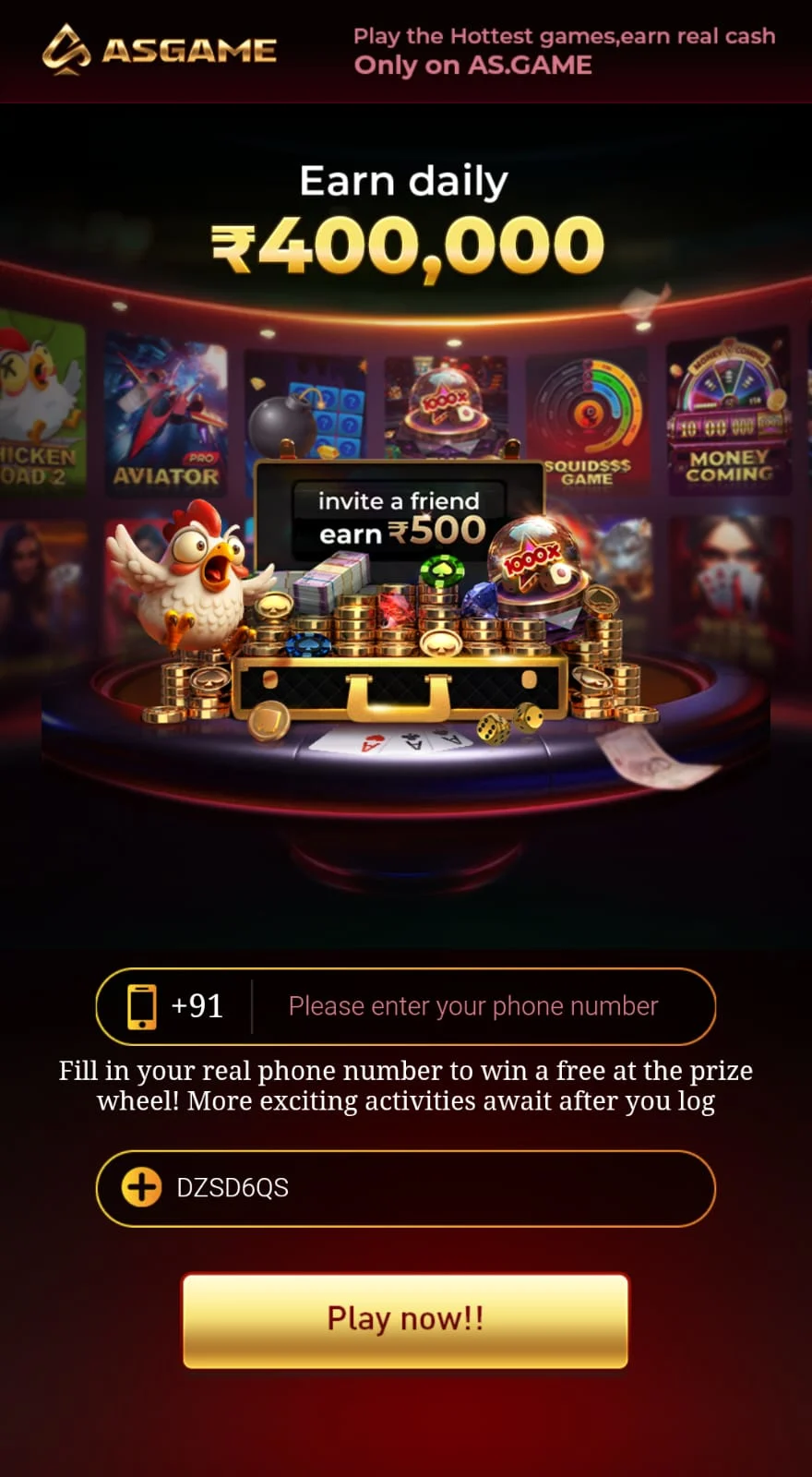 AS Game App home screen with mobile gaming categories