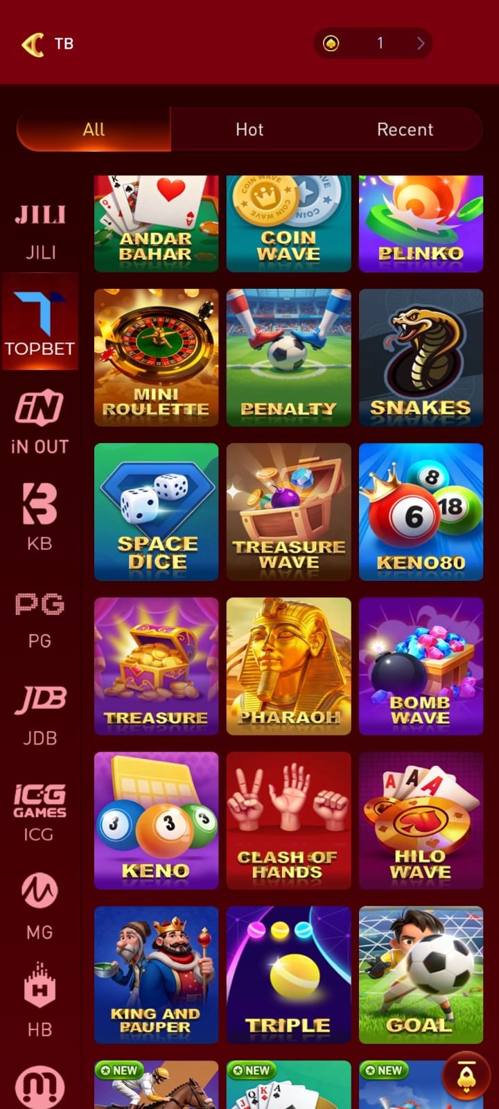 KA9 Game account access and popular games screen